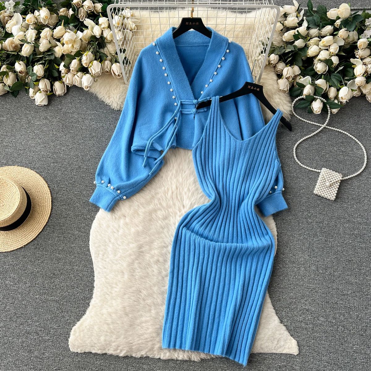 Long Sleeve Pencil Dress Two-Piece Set