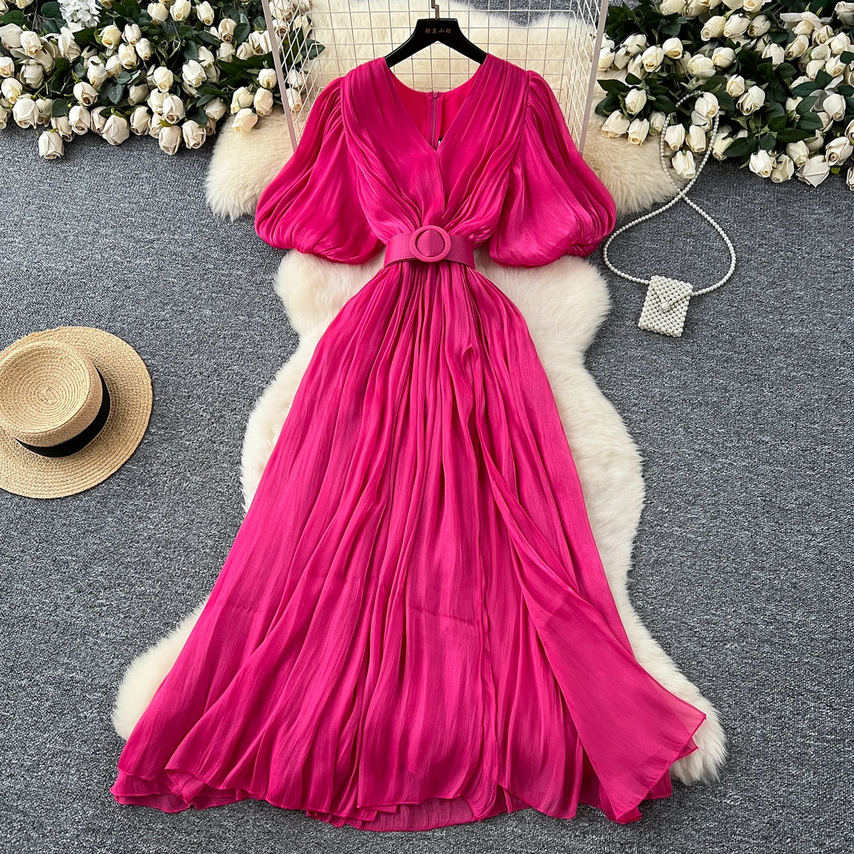 Puff Sleeve Slit A-Line Dress