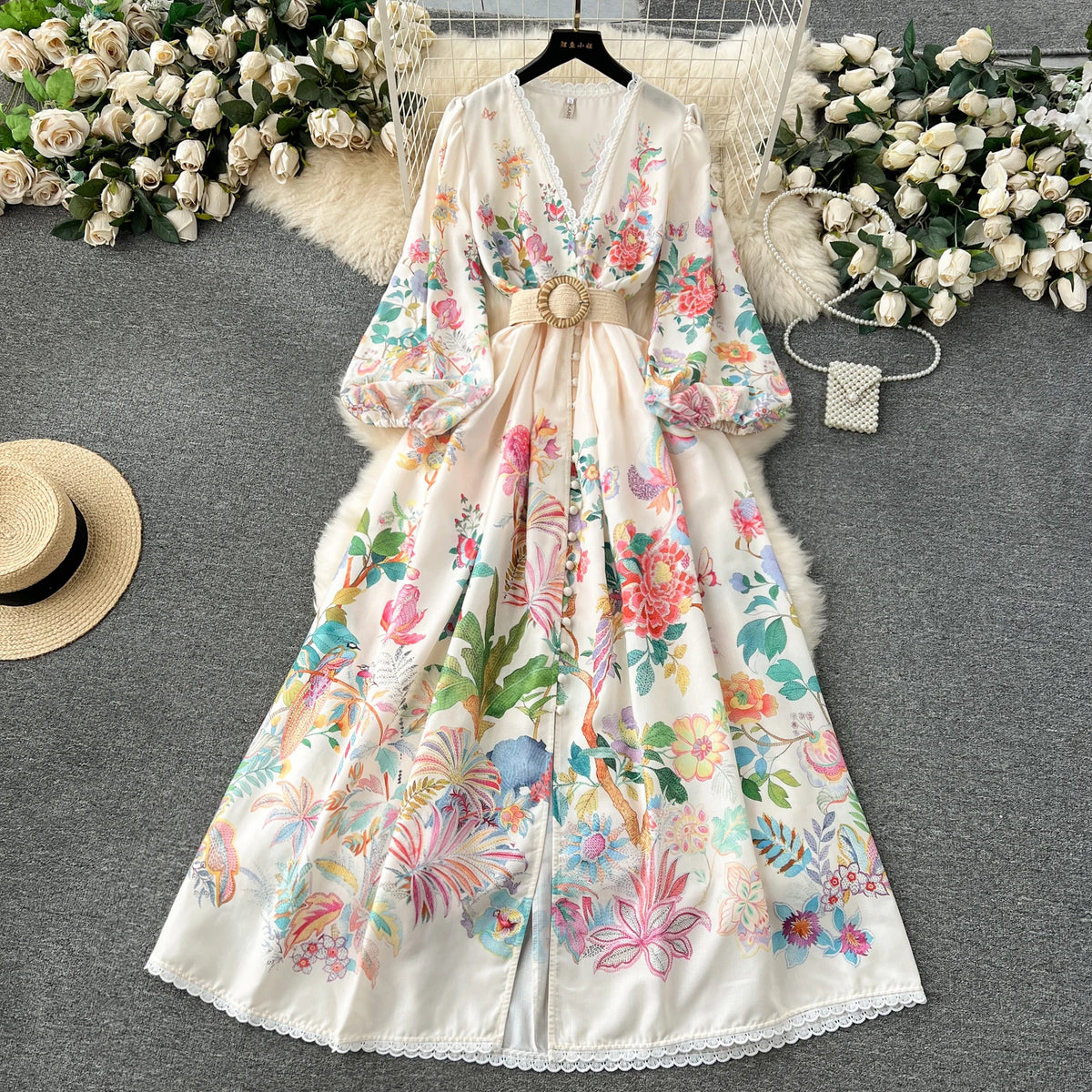 Lace Mesh V-Neck Flare Sleeve Dress