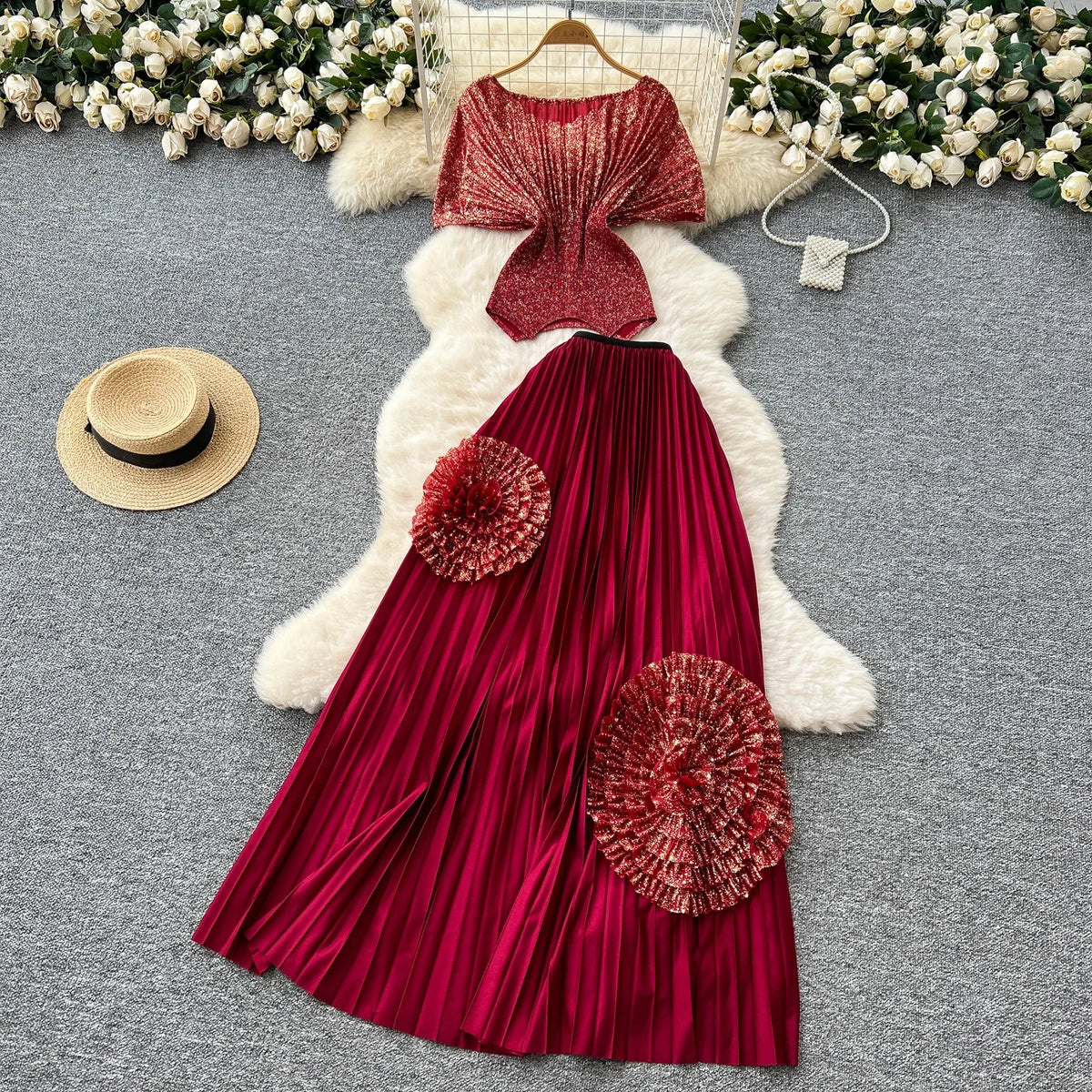 Glitter 3D Floral Asymmetric Ruched Dress