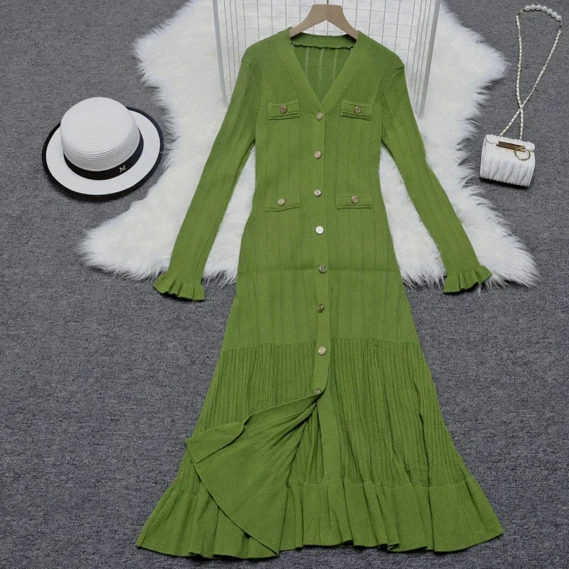 Ruffle V-Neck Button Front Dress