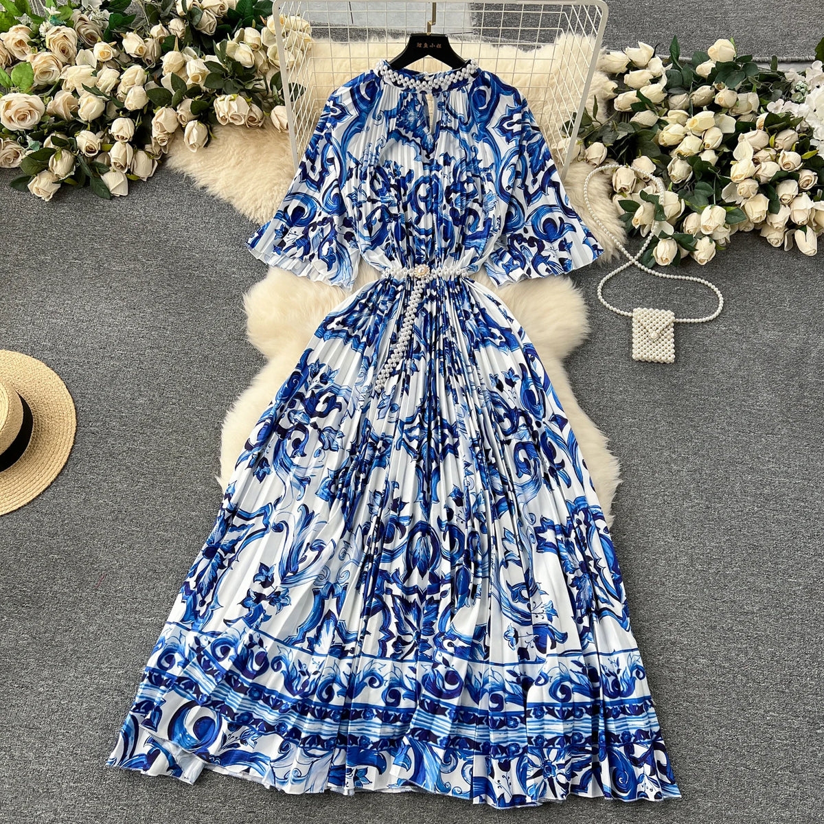 Beaded Print Pleated A-Line Dress