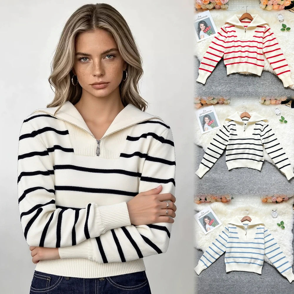 Striped Half Zip Knit Hoodie Sweater