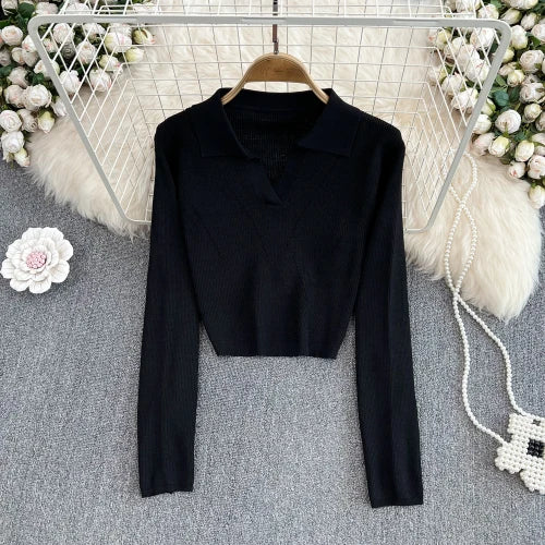 Collared Knit Long Sleeve Crop Top