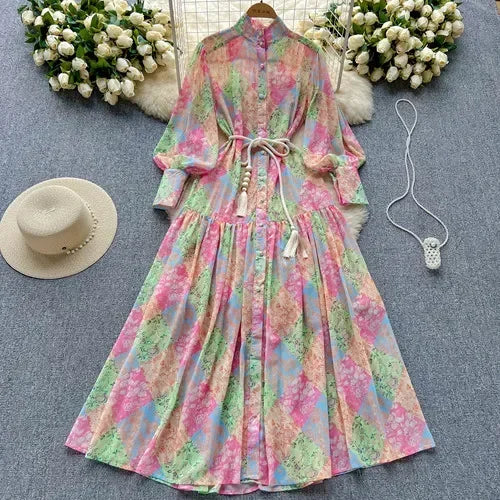 Chiffon Stand Collar Lantern Sleeve A-Line Dress