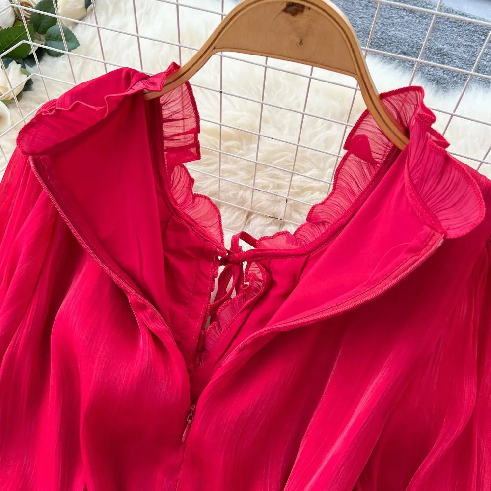 Vintage Ruffle Lace-Up Maxi Dress