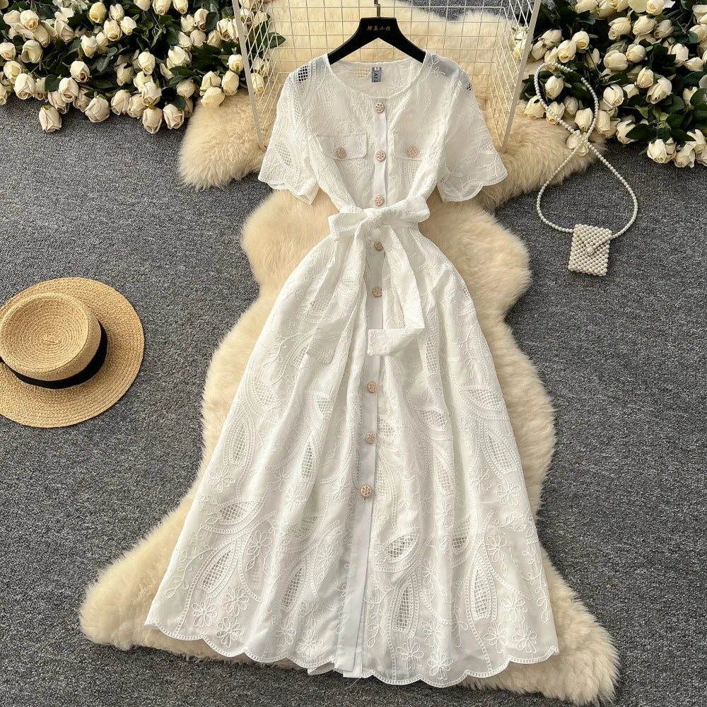 Single Breasted Lace-Up O-Neck Dress