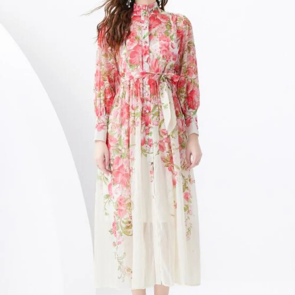 Print Chiffon Button Tie-Waist A-Line Dress