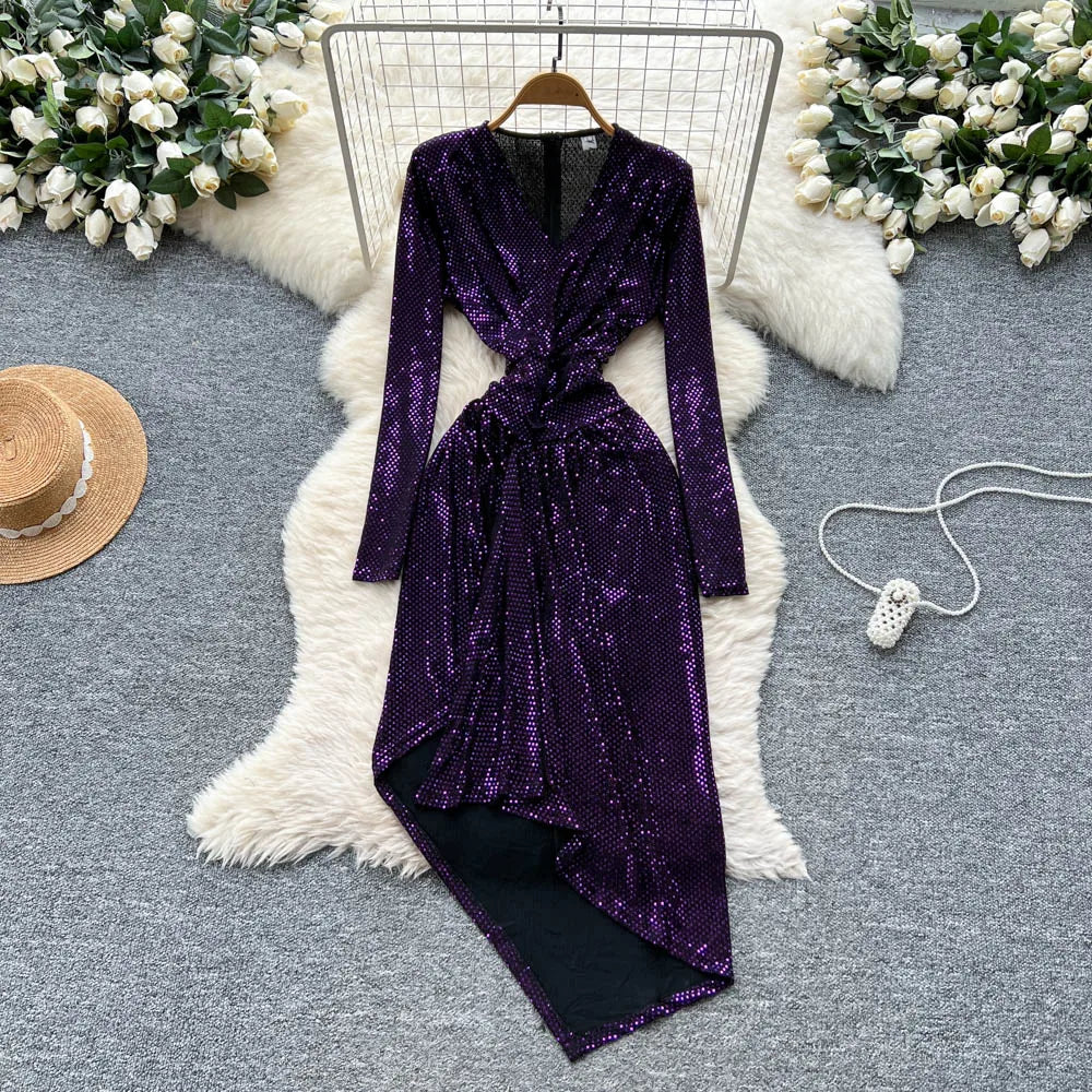 Sequin Asymmetric Long Sleeve A-Line Dress