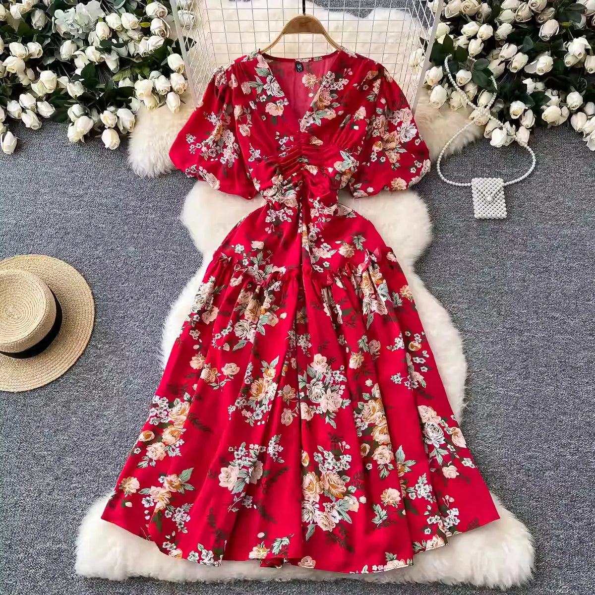 Vintage Floral Puff Sleeve Maxi Dress