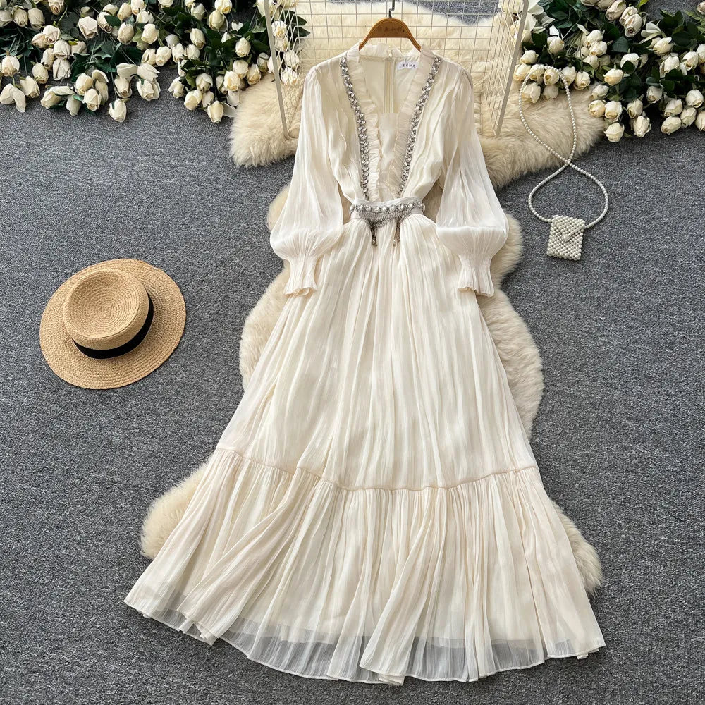 Rhinestone Ruched Puff Sleeve Pleated Dress