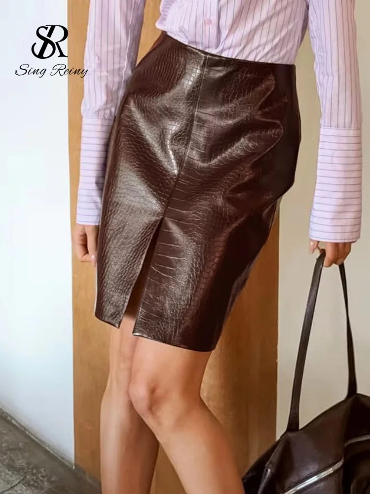 Faux Croc Leather Split Midi Skirt