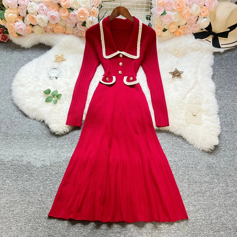 Red Collared Knit A-Line Maxi Dress