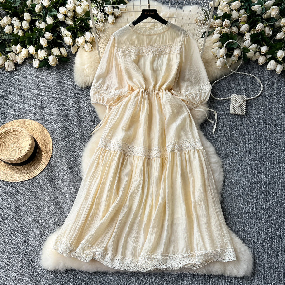 Lace Ruffle Lantern Sleeve Chiffon Dress