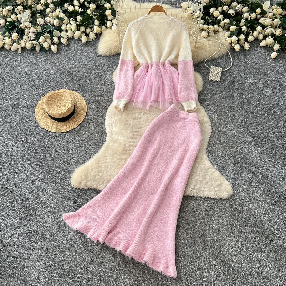 Knit Cardigan and Mesh Mermaid Skirt Set