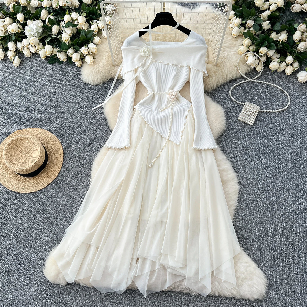3D Floral Knit and Mesh Asymmetric Dress