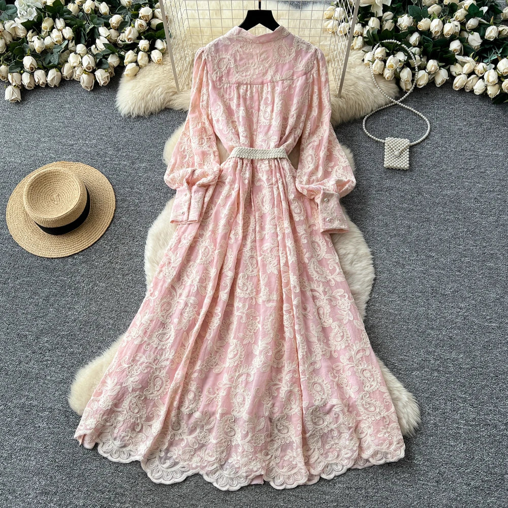 Embroidered V-Neck Long Sleeve Maxi Dress