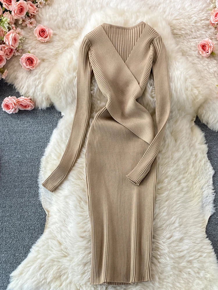 Cross V-Neck Knit Bodycon Dress