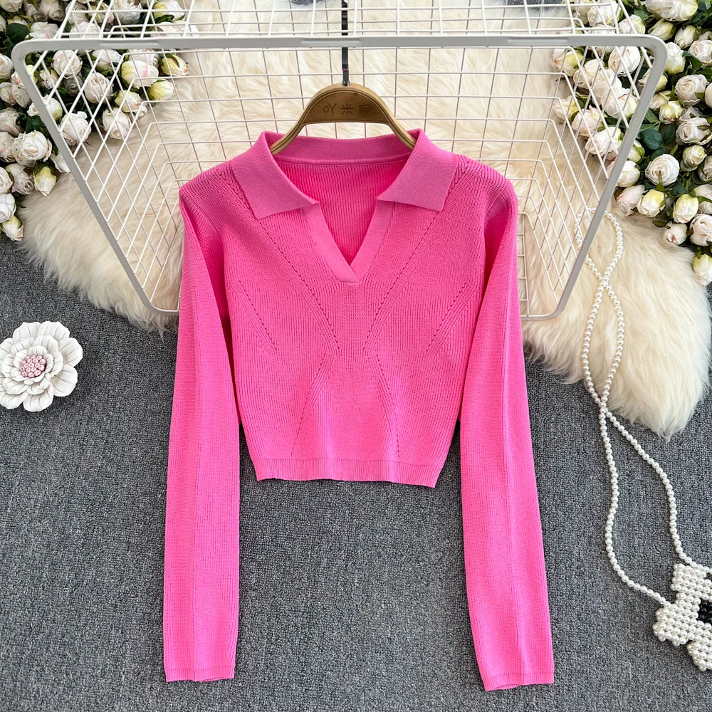 Collared Knit Long Sleeve Crop Top