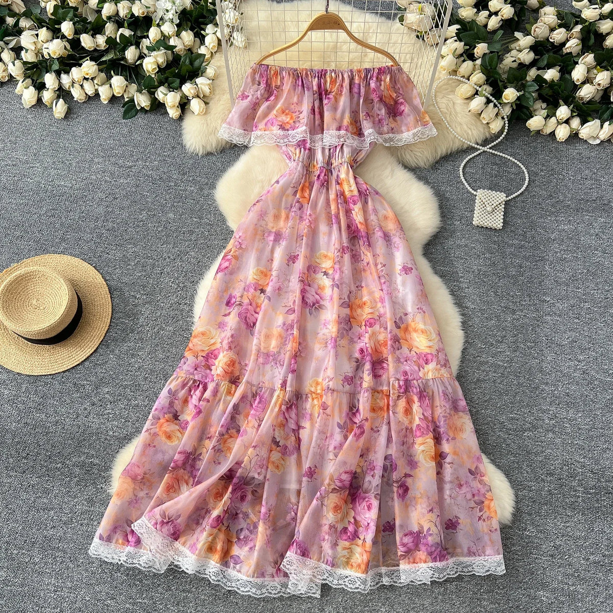 Print Lace Ruffle Off-Shoulder Maxi Dress