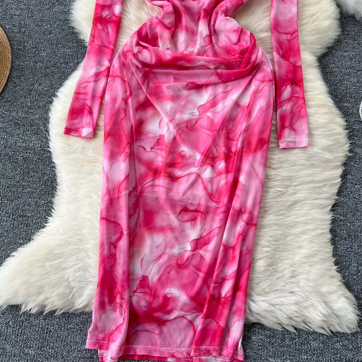 Pleated Mesh Print V-Neck Dress