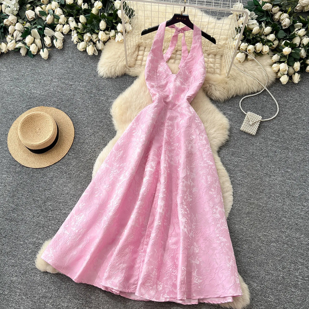 Floral Embroidered Halter Maxi Dress
