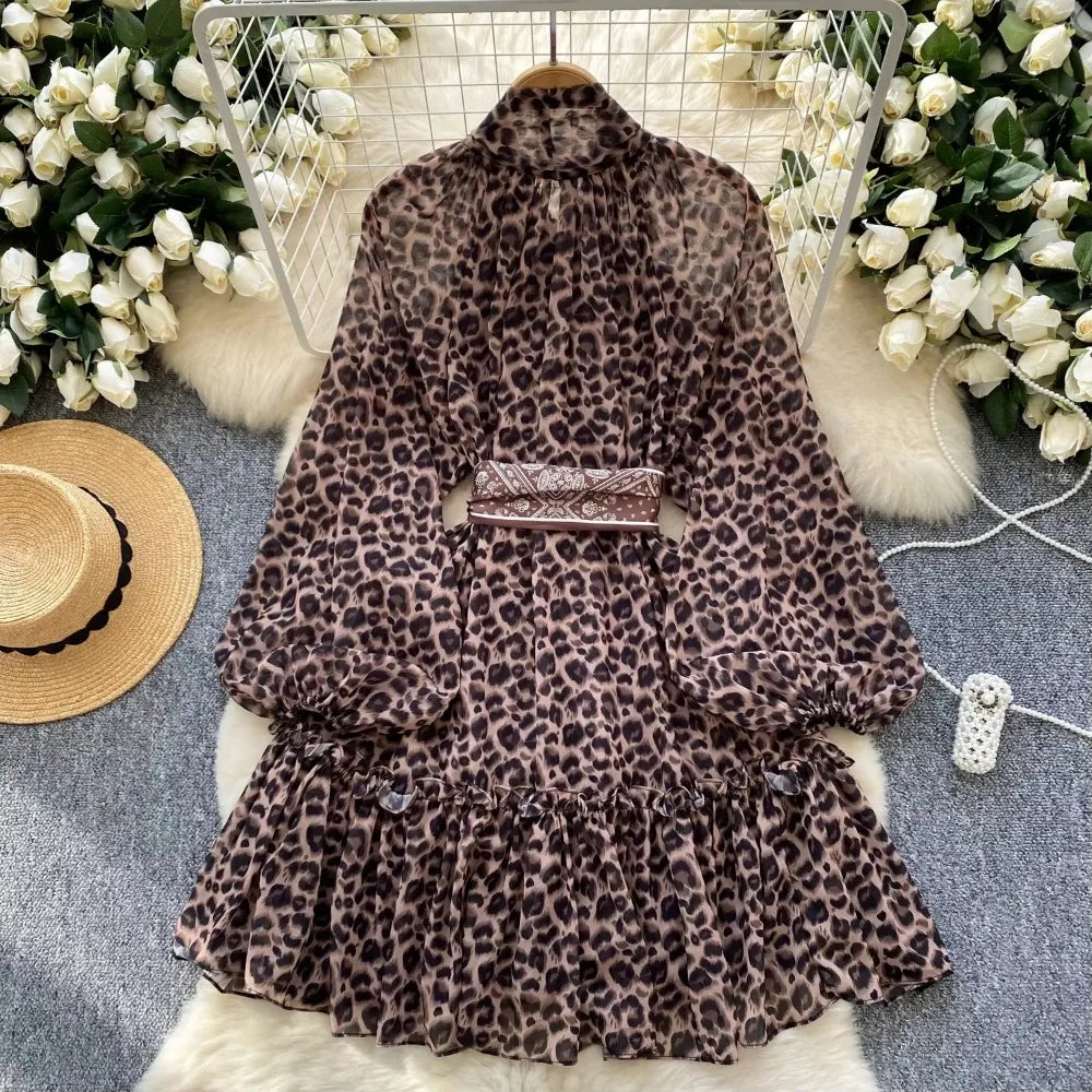Leopard Mesh Lantern Sleeve Mini Dress