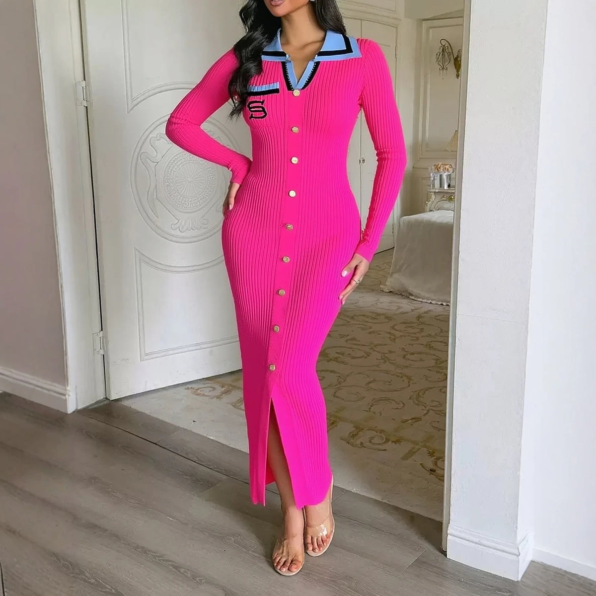 Embroidered Knit Party Sweater Dress