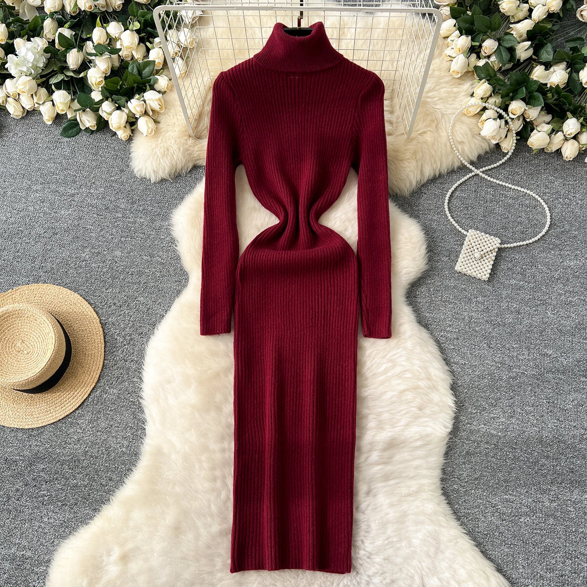 Turtleneck Knit Long Sleeve Maxi Dress