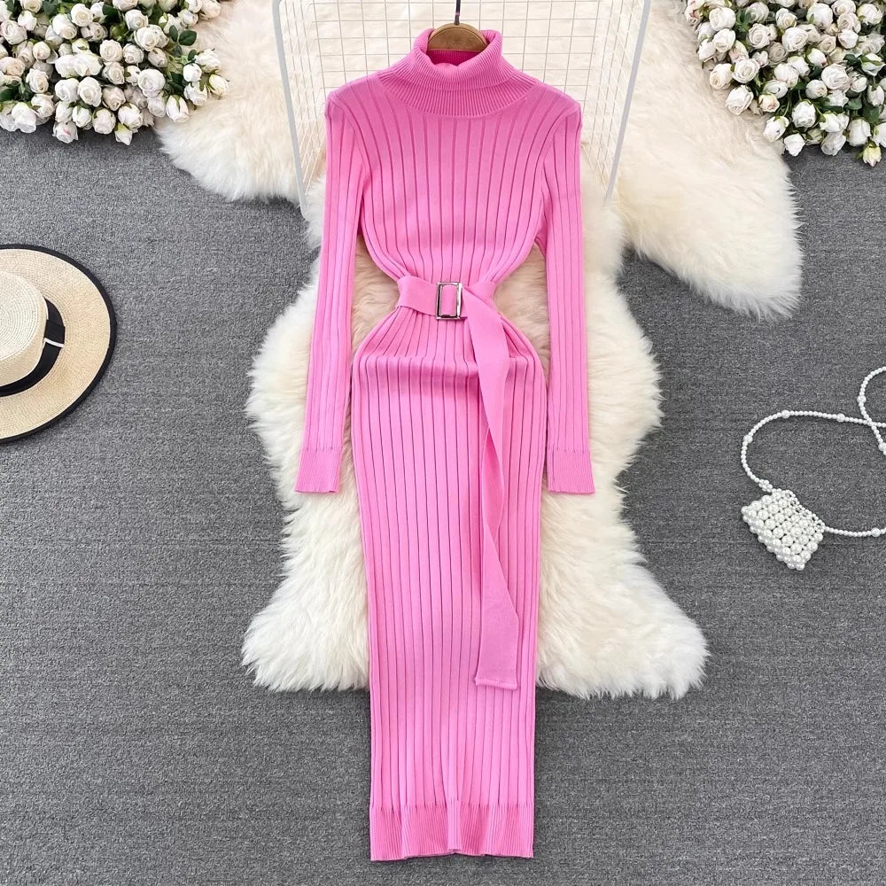 Belted Turtleneck Ribbed Knit Maxi Dress