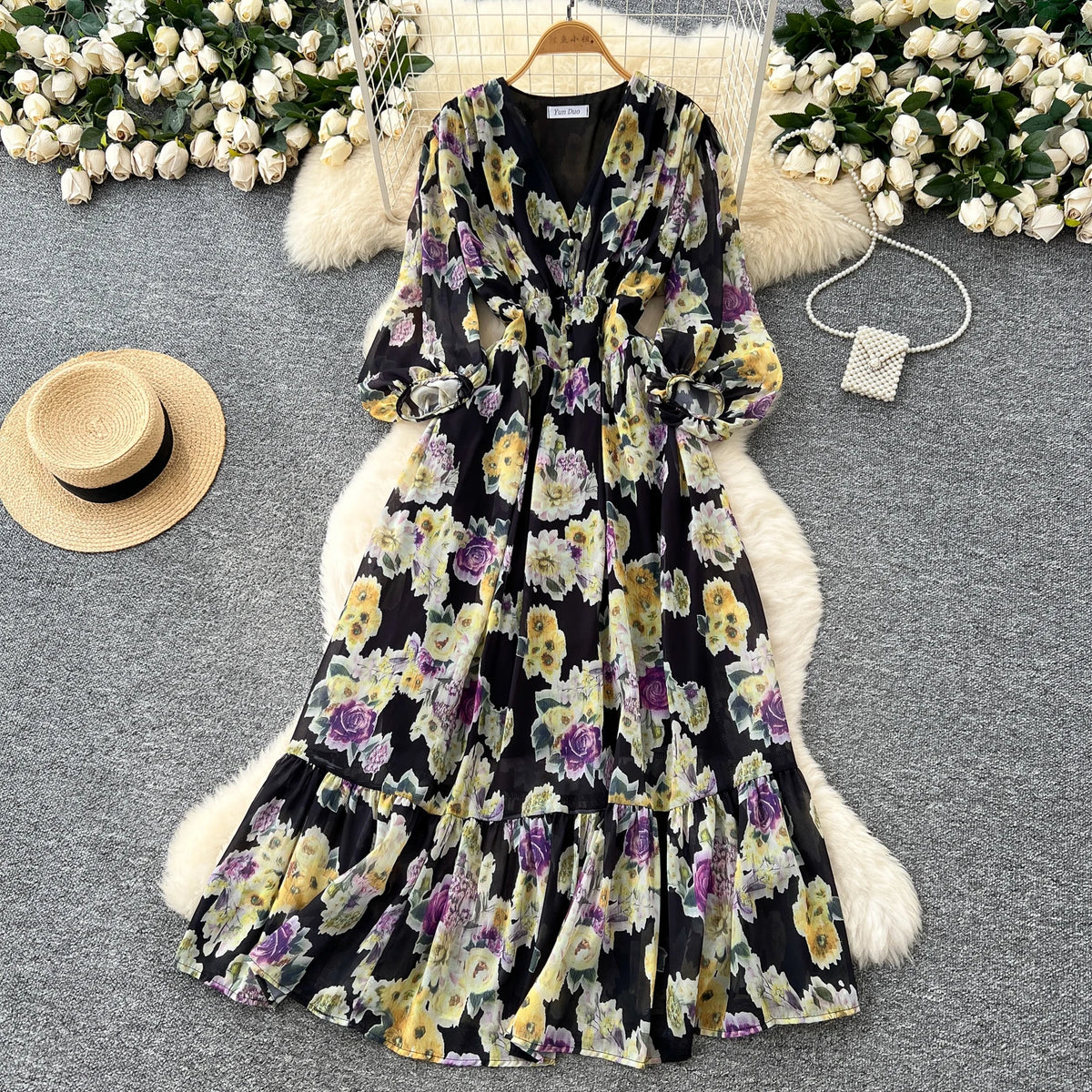 Ruffle Print Long Sleeve Maxi Dress