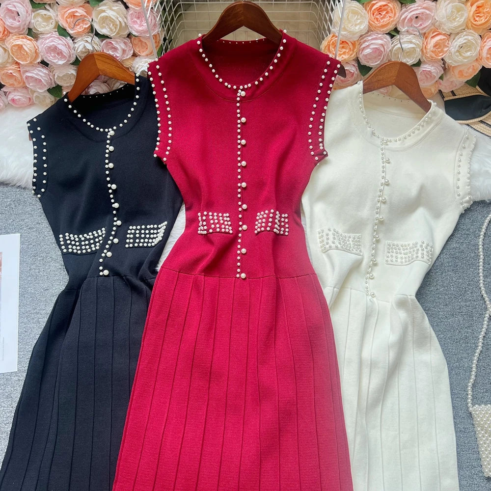 Pearl Pleated Knit Maxi Dress