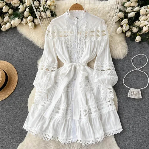 Lace Cutout Lantern Sleeve A-Line Dress
