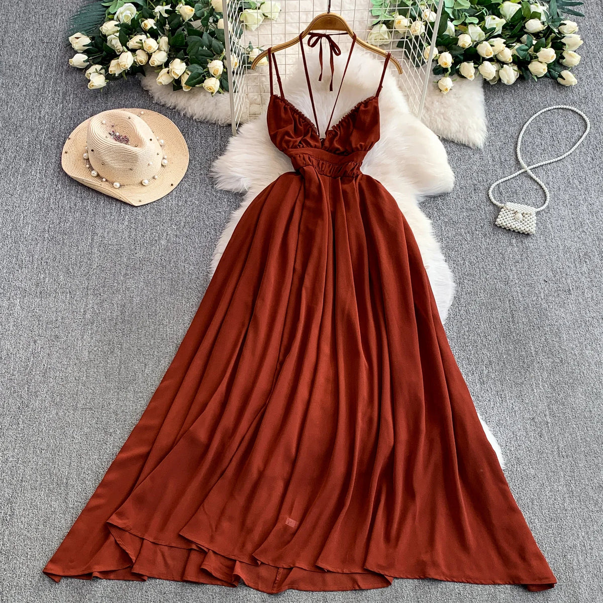 Backless Halter V-Neck Sleeveless Dress