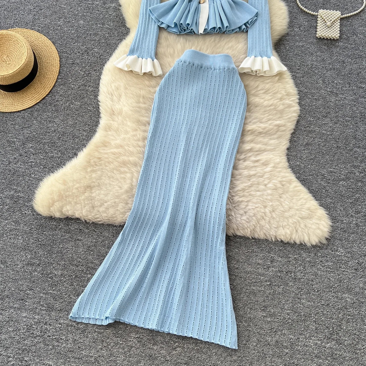 Ruffled Knit Top And Mermaid Skirt Set
