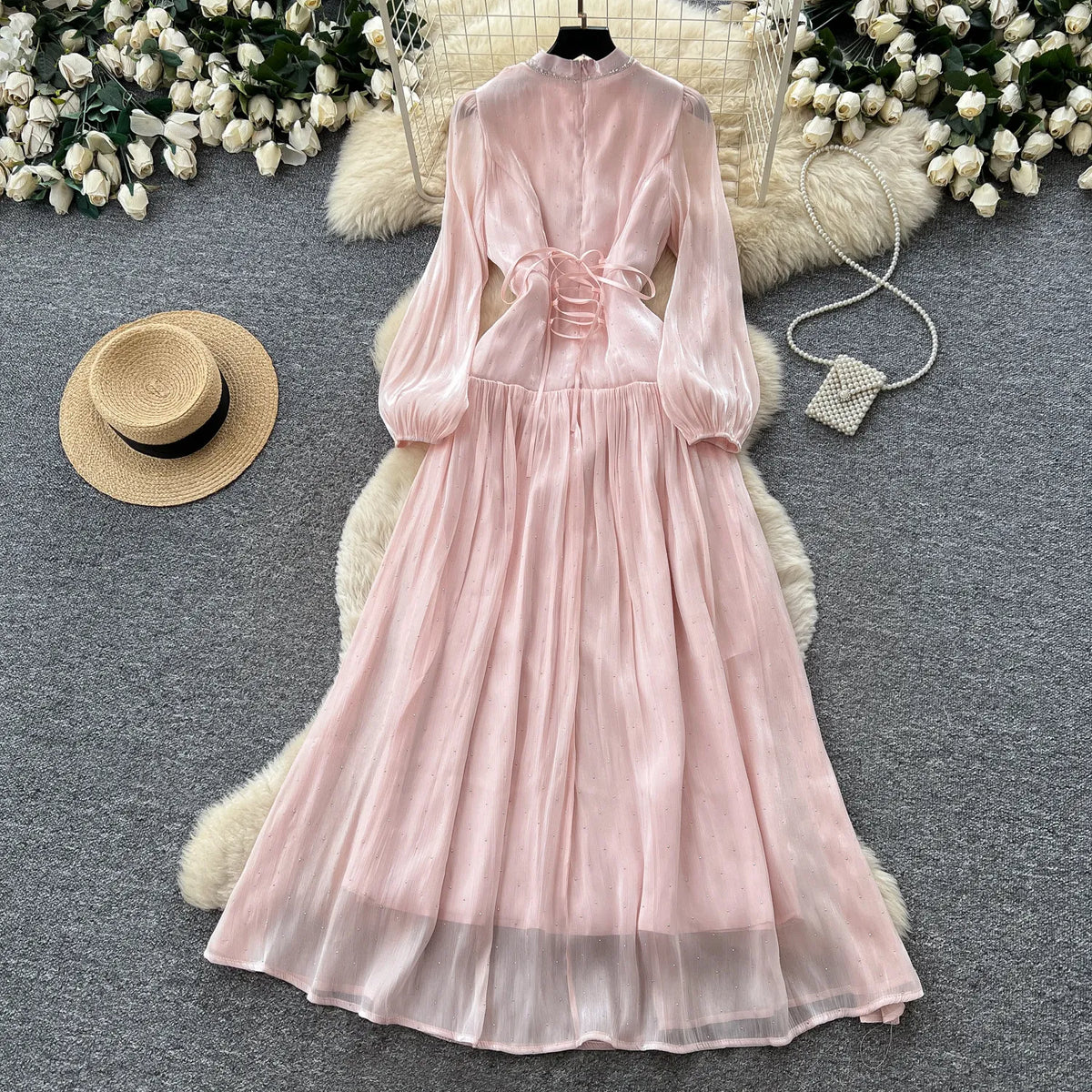 3D Floral Rhinestone Puff Sleeve Chiffon Dress