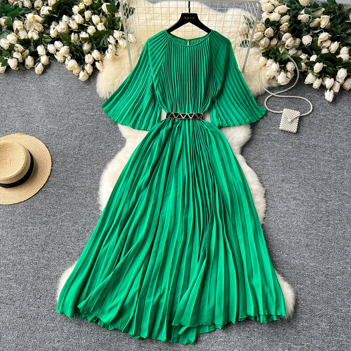 French Pleated Flare Sleeve Scoop Neck Dress