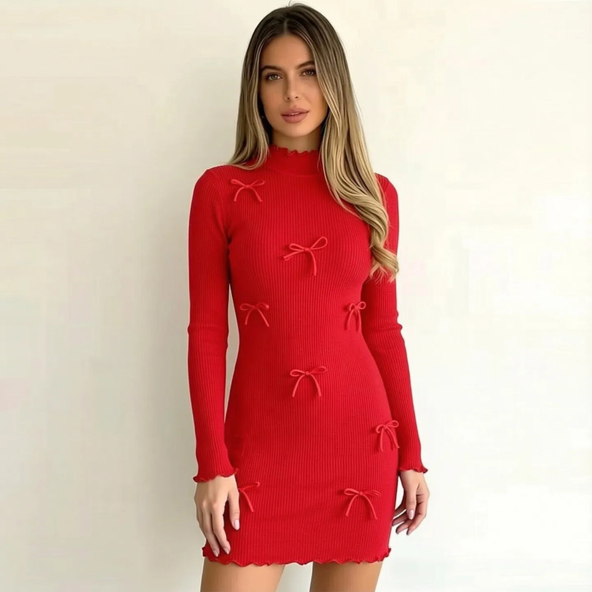 Black Bow Detail Knit Bodycon Mini Dress