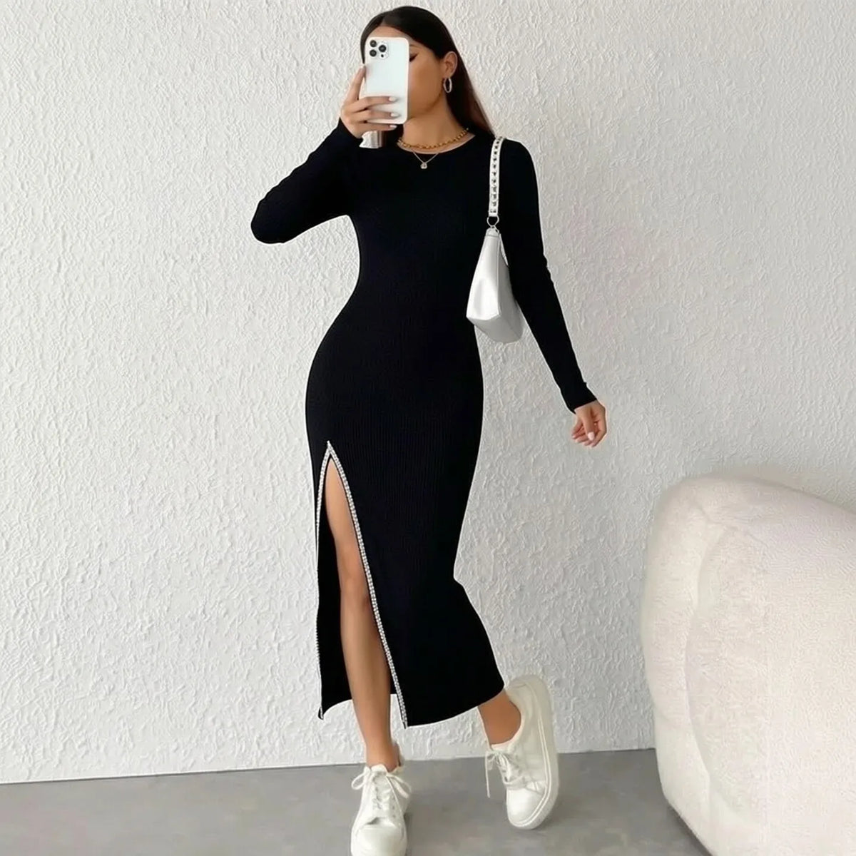 Black Rhinestone High Slit Knit Maxi Dress