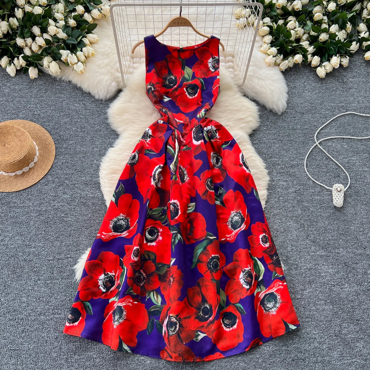 Print Pleated Sleeveless Ball Gown