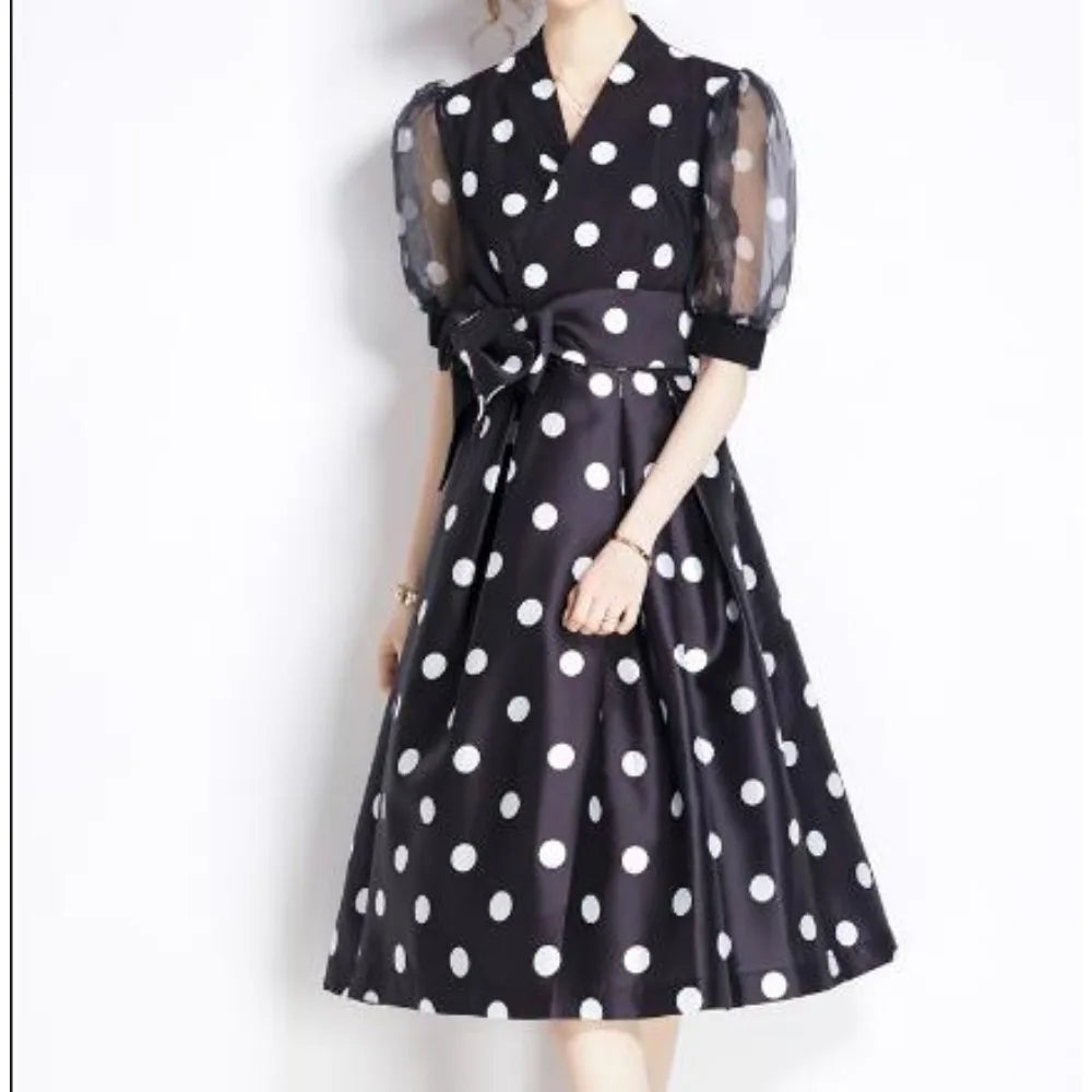 Polka Dot Pleated Short Sleeve A-Line Dress
