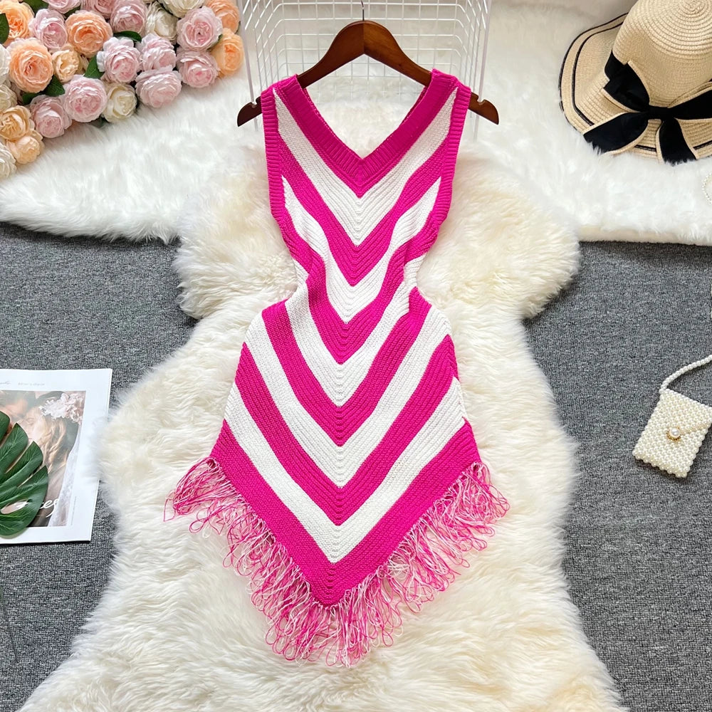 Asymmetric Tassel Sleeveless Party Dress