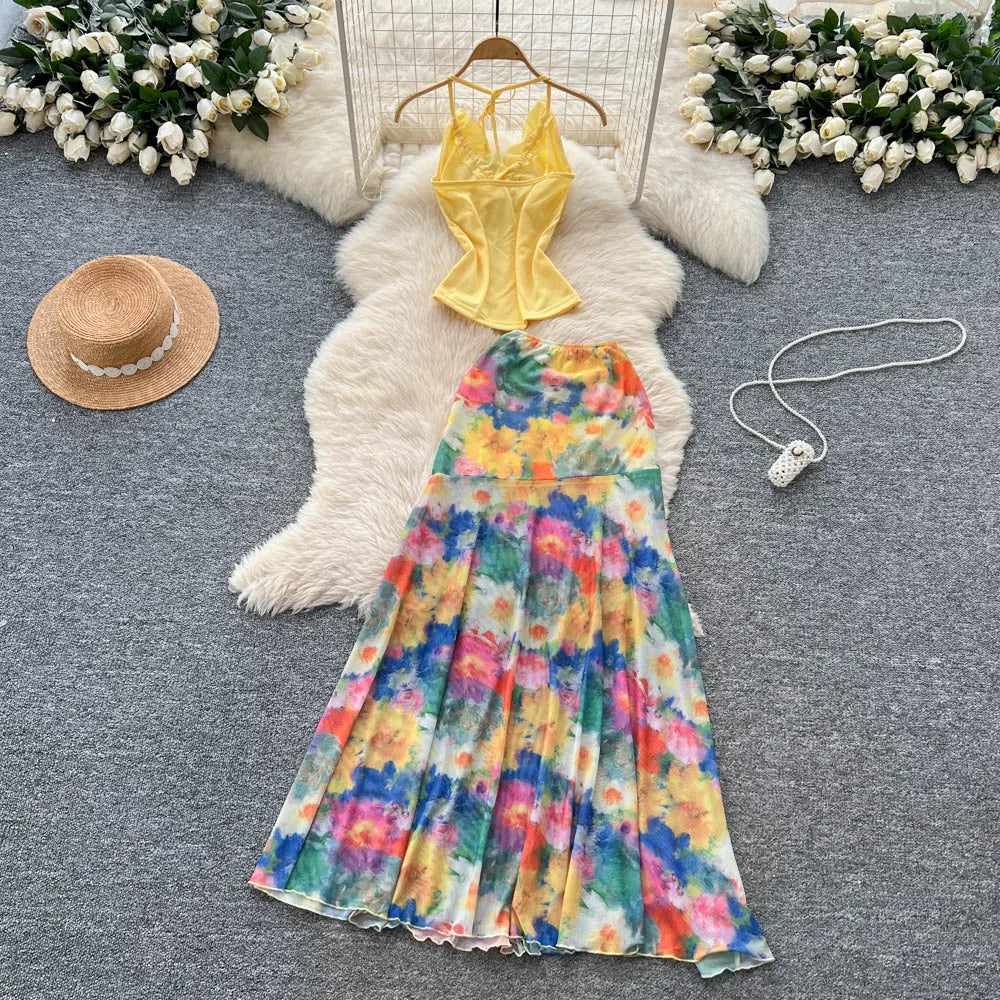 Halter Mesh A-Line Two-Piece Set