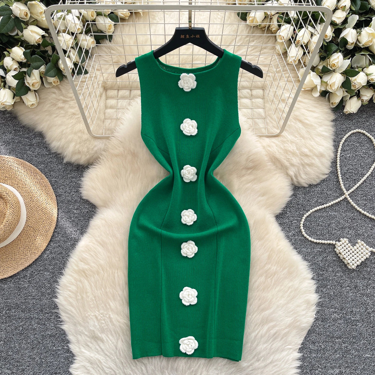 3D Flower Sleeveless Knit Mini Dress