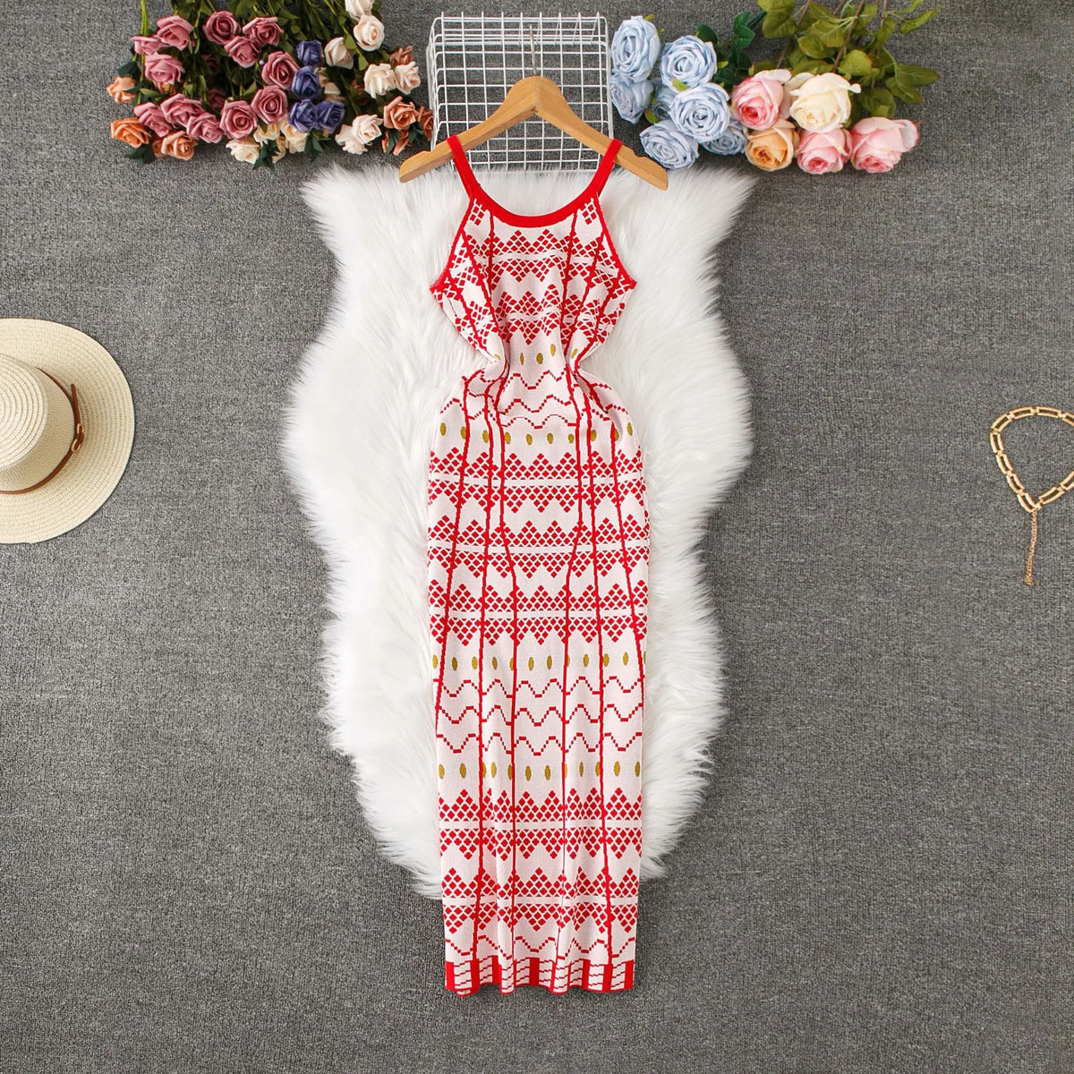 Printed Spaghetti Strap Knit Maxi Dress