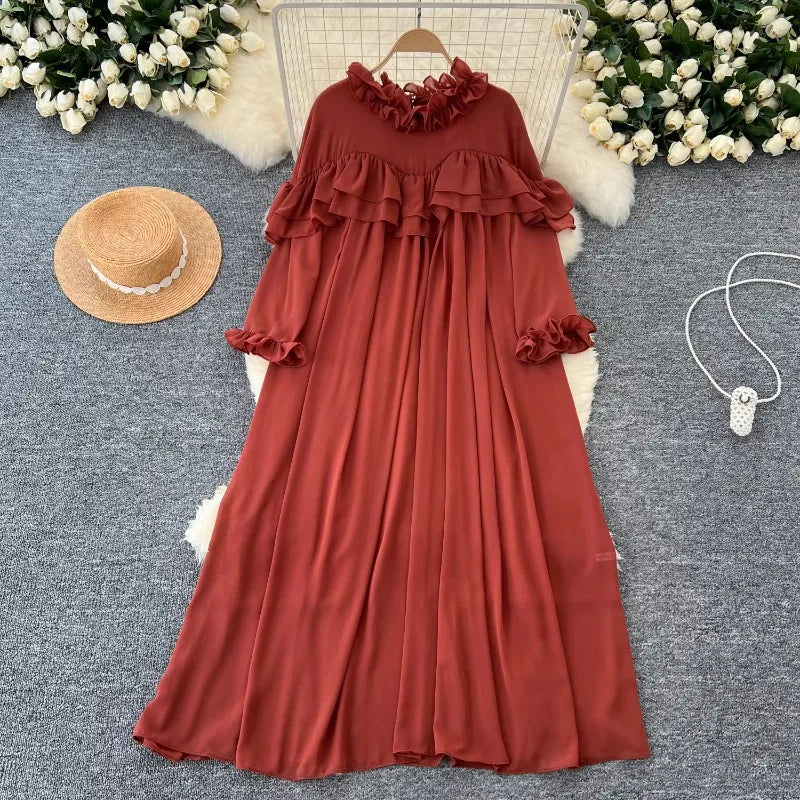 Pleated Chiffon Long Sleeve A-Line Dress