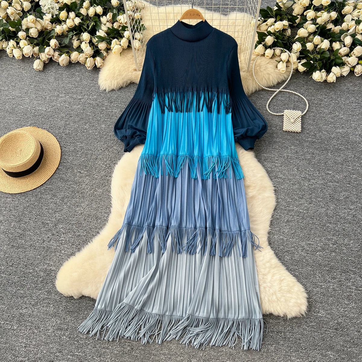 Tassel Patchwork Lantern Sleeve Dress