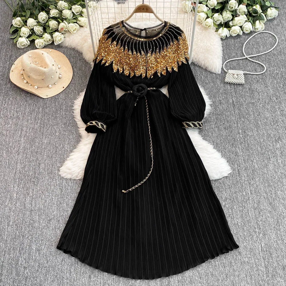 Rhinestone Lace-Up Lantern Sleeve Dress