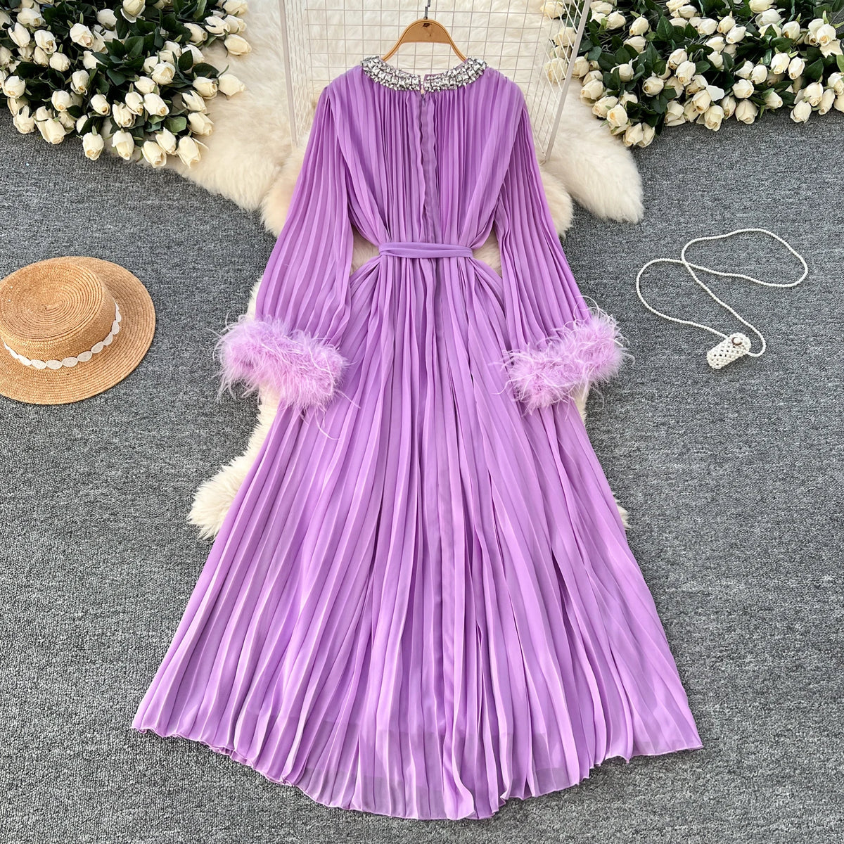 Rhinestone Plush Pleated Maxi Dress