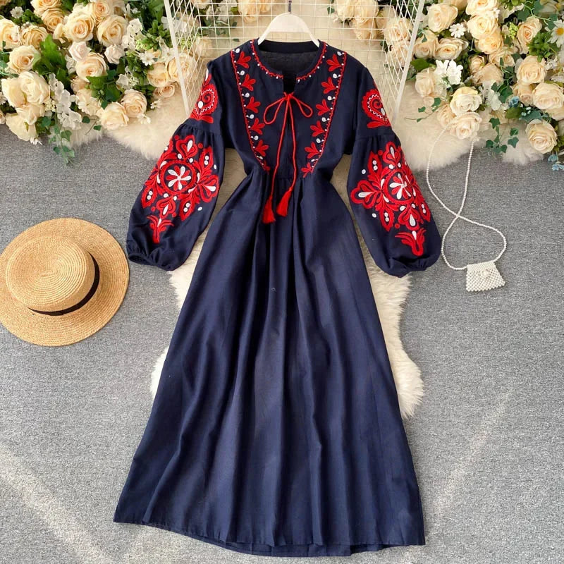 Embroidered Pleated Lantern Sleeve A-Line Dress